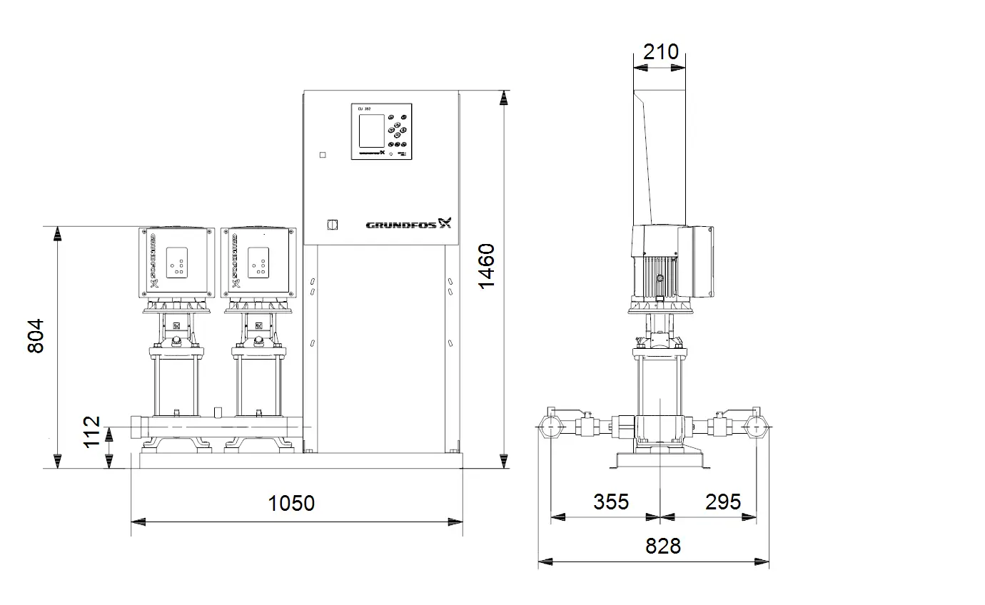 Druckerhöhungsanlage von Grundfos mit zwei Pumpen, Steuerungseinheit und Rohrleitungssystem, dargestellt in Seitenansicht und Draufsicht. Maße sind grafisch angegeben.